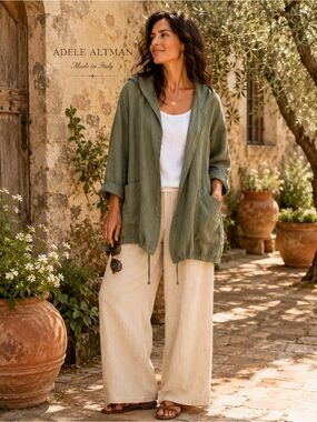 Adele Altman Italy 100% Linen Hooded Jacket Olive Green Oversized